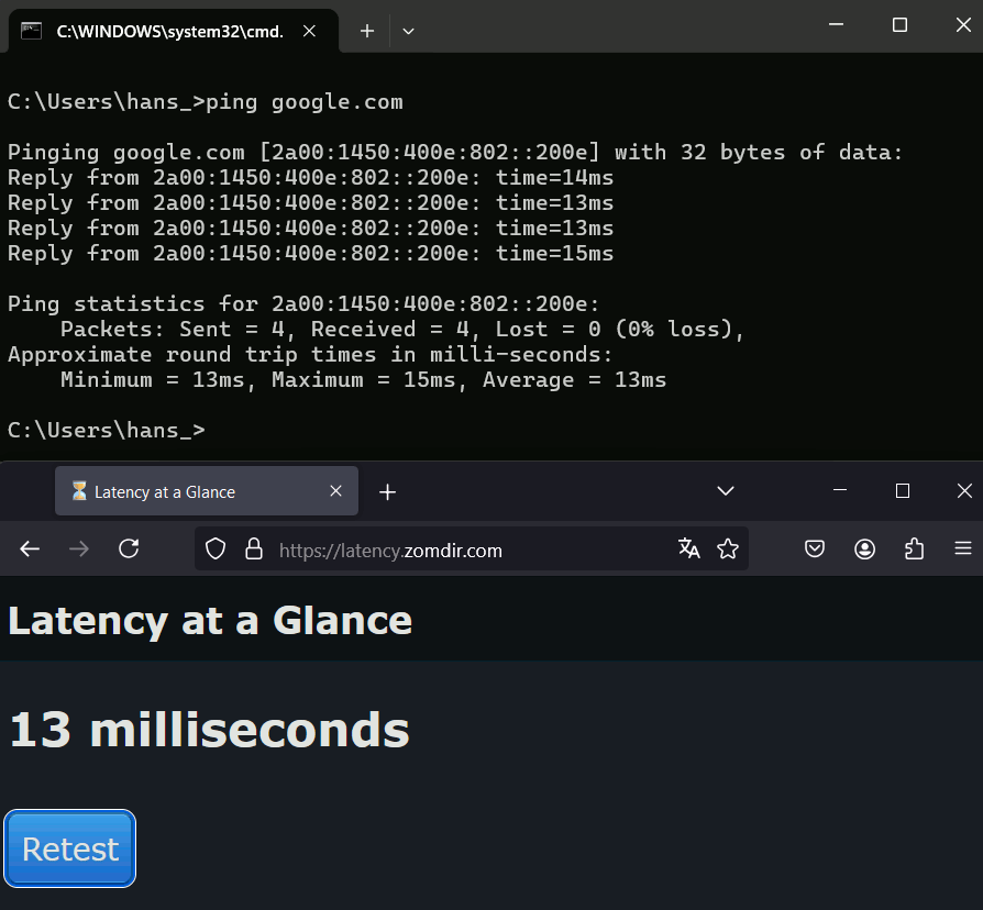 Windows ping results compared with the measurement of Latency at a Glance